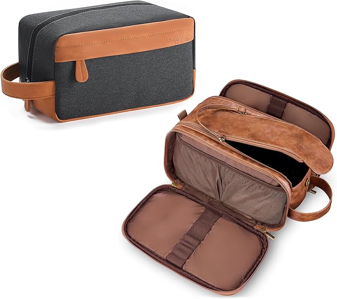 Elviros Travel Toiletry Bag Gift for Men，Mens Toiletries Bag Gifts Set Shaving Dopp Kit Water-resistant Bathroom Toiletries Organizer PU Leather Cosmetic Bags 2 Pack Brown