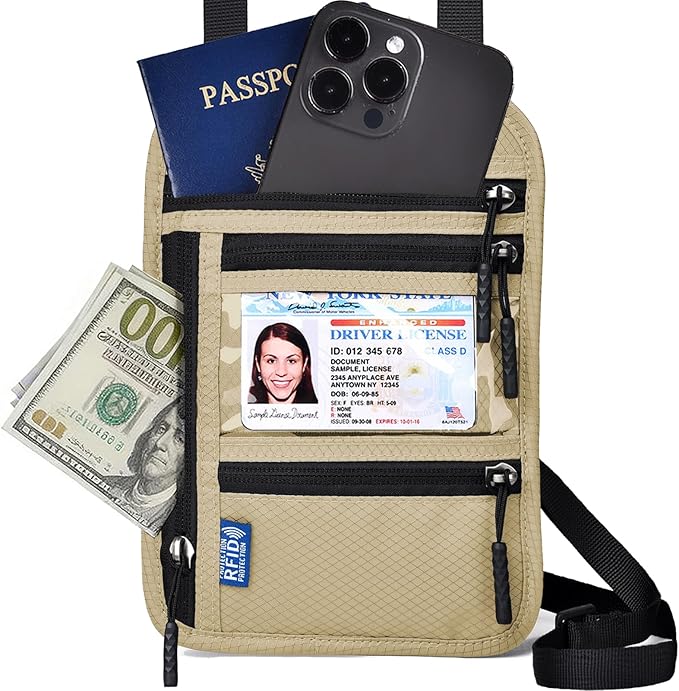 RFID Blocking Travel Neck Wallet–Hidden Passport Holder & Anti-Theft Money Pouch for Men & Women, Lightweight Concealed Travel Organizer with Adjustable Strap Secure Document