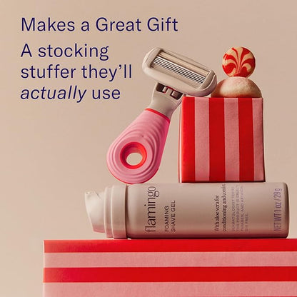 Flamingo Travel Razor Kit for Women – Body & Pubic Razor – Mini Handle, 2 Blade Refills, 2 Travel Size Foaming Shave Gels & Vented Travel Case – Perfect Stocking Stuffer