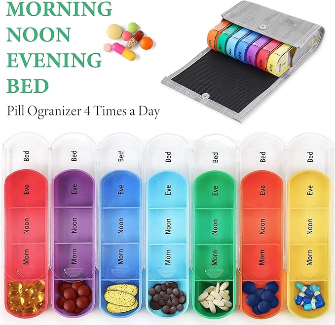 Pill Organizer,LIZIMANDU Weekly Travel Pill Case Box Medication Reminder Daily AM PM, Day Night 7 Compartments,for 4 Times A Day, 7 Days a Week-Includes Leather PU Carrying Case(1-Wood-Light Grey)