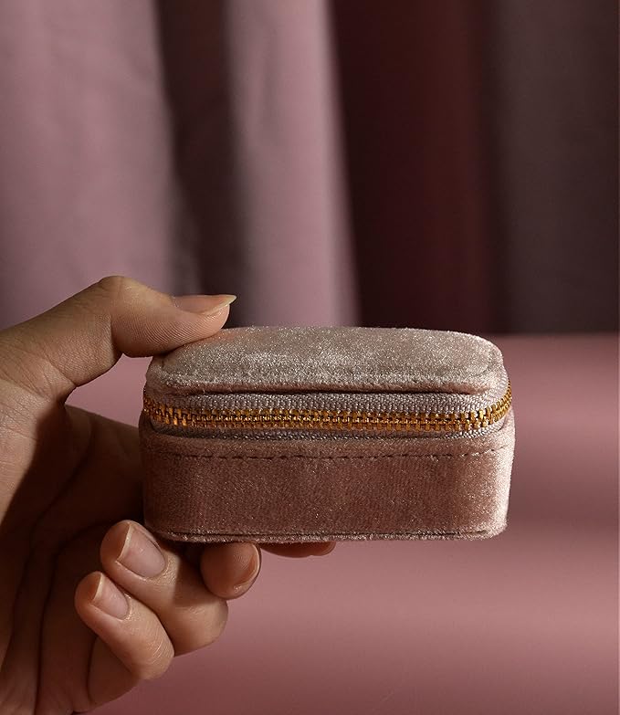 TAIMY Mini Jewelry Travel Case, Velvet Small Travel Jewelry Box, Portable Jewelry Travel Organizer Box for Rings Earrings Necklaces, Gifts for Women Girls(Blush Peach)