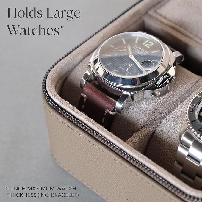 TAWBURY 2 Watch Travel Case - Genuine Top-Grain Leather Watch Box for Men & Women with Metal Zipper and Extra Wide Pillows for Large Watches (Taupe)