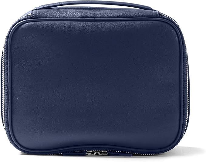 Leatherology Navy Blue Large Travel Organizer – Full-Grain Leather Toiletry Bag with Zipped Mesh Pocket, Elastic Loops & Double Metal Zipper – Travel Storage for Cables, Toiletries & Essentials