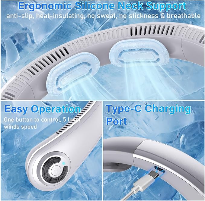Neck Fan - Portable Neck Fan with Neck Support, 5 Speeds, All Around Airflow, Hand-free Bladeless Personal Cooling Fans, Rechargeable Wearable Fan for Outdoor and Indoor, Festival Gifts for Men Women