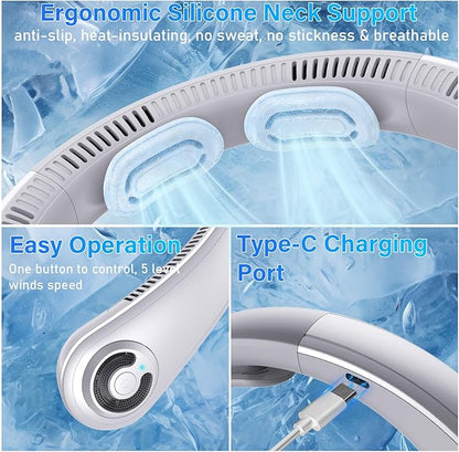 Neck Fan - Portable Neck Fan with Neck Support, 5 Speeds, All Around Airflow, Hand-free Bladeless Personal Cooling Fans, Rechargeable Wearable Fan for Outdoor and Indoor, Festival Gifts for Men Women