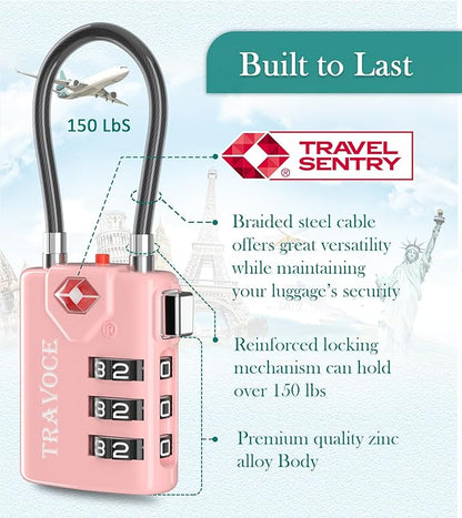 Search Alert TSA Approved Travel Combination Luggage Cable Locks for Suitcase, Gym Locker,Toolbox,Backpack 1,2,4,6 &10 pk (Pink 4 Pack)