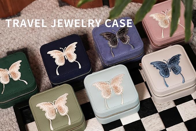 S.Leaf Travel Jewelry Organizer Boxes for Women Small Portable Necklace Earrings Bracelet Rings Travel Case Best Friend Birthday Gifts for Women Trendy (Butterfly_Beige_Gray)