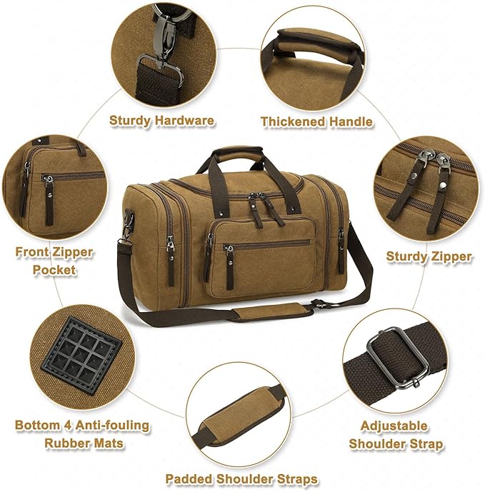 Expandable Canvas Duffel 50cm-58cm, Sturdy Zipper and Reinforced Handles, Lightweight Carry-On Weekender Bag for 3-5 Day Trips, Coffee