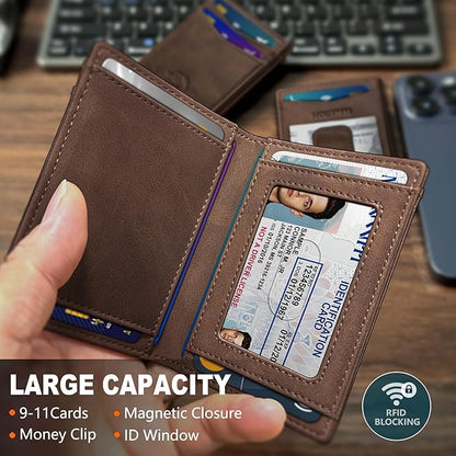 Magnetic Closure Slim Wallet with Money Clip Gift Boxed,Genuine Leather Front Pocket Wallet for Men, 3.9"x 2.11", RFID Blocking