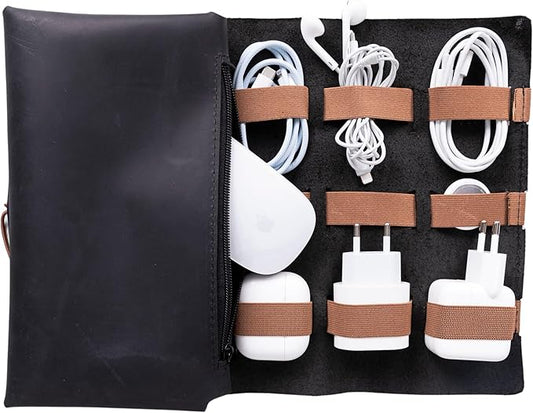 HARDISTON Custom Genuine Leather Electronic Cable Organizer Bag Handmade Travel Cord Organizer Roll Case for Hard Drives, Cables, Charger, Phone, USB, SD Card (Large - Black)