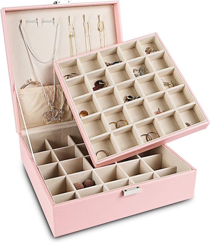 Frebeauty Earring Organizer Classic Jewelry Box 50 Slots Double Layer Jewelry Storage Case with 6 Necklace Hook and Bracelet Pocket(Pink)