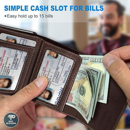 Wallet for Men,with Cash Pocket 2 ID Window 9-13 Cards,Metal Case Smart Slim Pop Up Credit Card Holder Flip with Magnetic Closure RFID Blocking Trifold wallet with Gift Box
