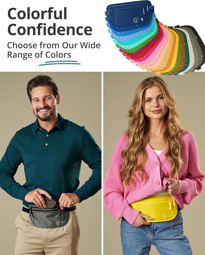 Vantamo Money Belt with RFID For Men & Women, Hidden Passport Holder for Travel, 2 Compartment Travel Fanny Pack for Women Anti Theft