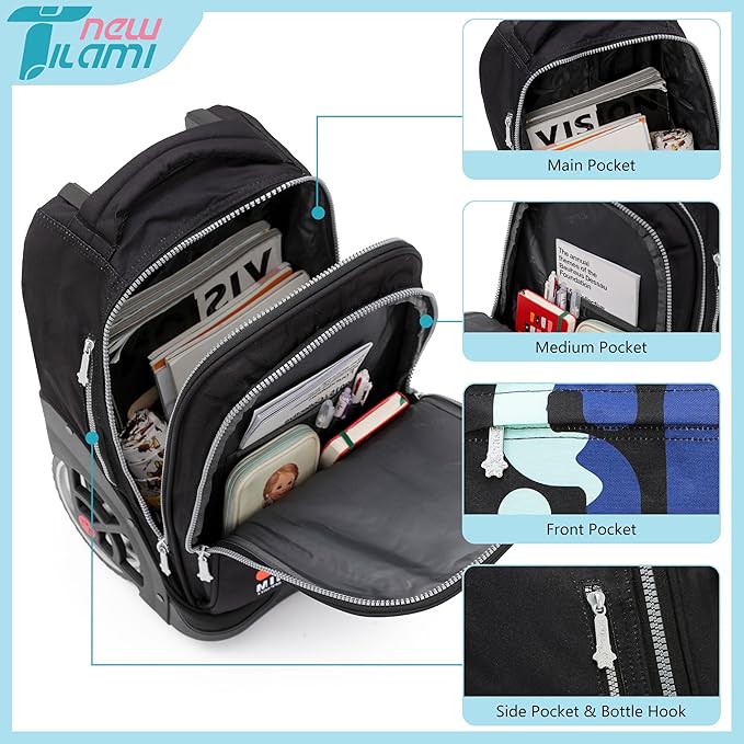 NEW TILAMI 19 Inch Rolling Backpack with Lunch Bag for Girls Boys Wheeled Laptop Backpack Durable Carry-on Bag School Travel, So Handsome