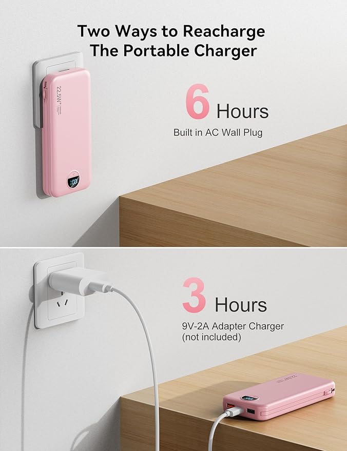 12000mAh Ultra-Portable-Charger-Power-Bank with Built in Cables&AC Wall Plug,PD20W USB-C Fast Charging Cell Phone Charger Battery Pack,LED Display Travel Battery Bank for All iPhone,Samsung,Android