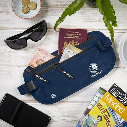 VENTURE 4TH Travel Money Belt - Slim Passport Holder RFID Blocking Travel Pouch to Protect Cash, Credit Cards and Travel Documents (Navy Blue)