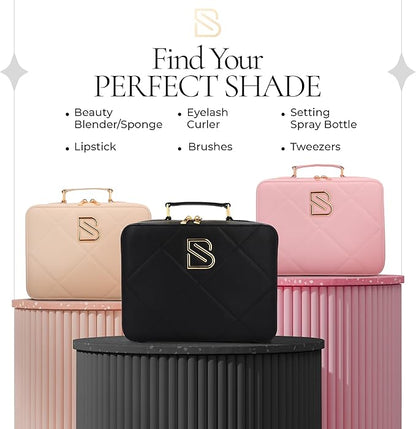 BAREZ Premium PU Leather Makeup Bag With LED Mirror - 3 Brightness Mirror Light Settings - Adjustable Dividers - Removable Mirror Waterproof Cosmetic Travel Bag - A Luxury Gift for Her (Black)