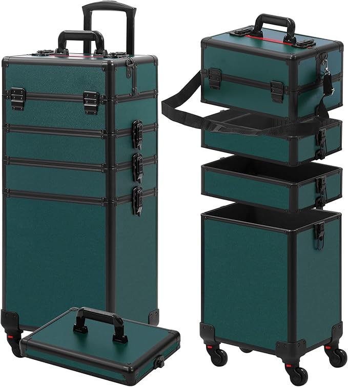 Makeup Train Case, Rolling Makeup Case with Lid, 5 in 1 Cosmetology Case on Wheels, Christmas Gift, Large Makeup Case Organizers, Profesional Cosmetic Case for Salon Barber, Black Green