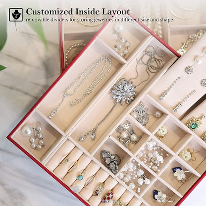 ProCase Jewelry Box for Women, 2 Layers Large Leather Jewelry Organizer Storage Case with Removable Pad for Earrings -Red