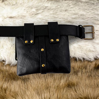 Renaissance Belt Pouch Viking Leather Medieval Belt Waist Bag Pirate Cosplay Festival Halloween Adjustable Accessories (Pouch-Black)