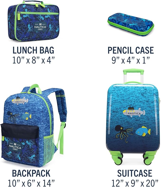 Nautica Kids Luggage - 18" Airline Approved Rolling Hardside Upright Carry-on Suitcase Set with Wheels (Submarine Journey | 5pc School Set)
