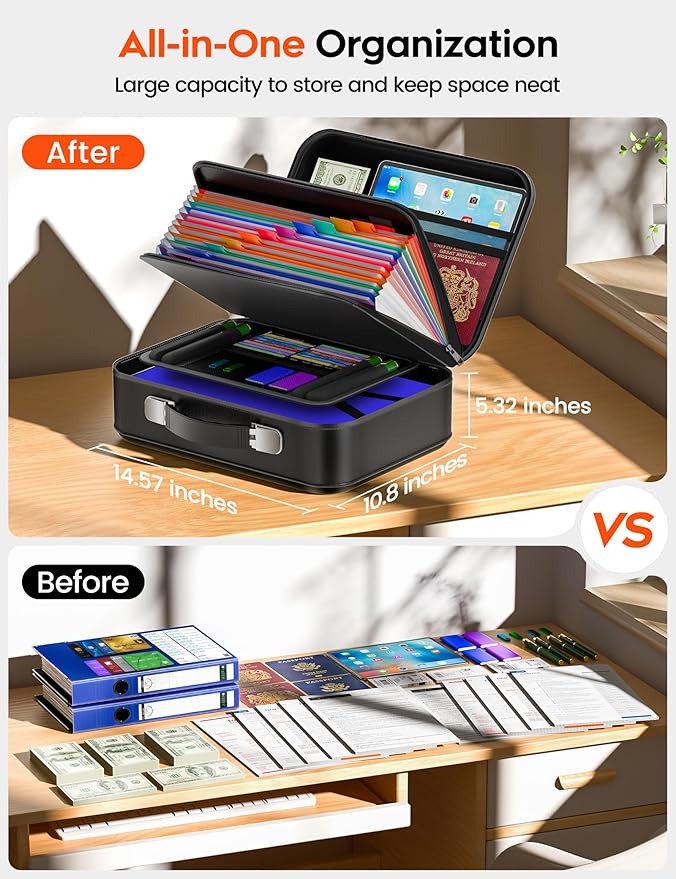 Fireproof Document Box with Lock, Waterproof Hard Shell File Organizer with 13 Pocket Accordion Folder for Important Documents, Laptop, Passports, Portable Home Office Travel Safe Box