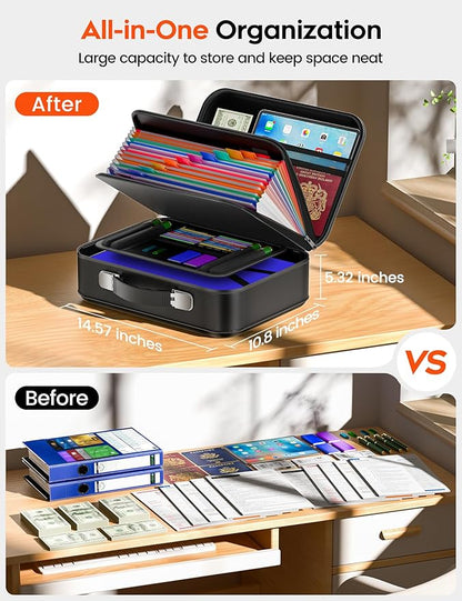 Fireproof Document Box with Lock, Waterproof Hard Shell File Organizer with 13 Pocket Accordion Folder for Important Documents, Laptop, Passports, Portable Home Office Travel Safe Box
