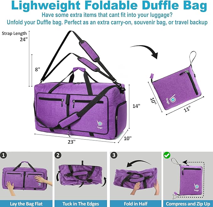 Bago Foldable Duffel Bags for Traveling Women & Men - 60L Medium Packable Duffle Bag for Travel with Shoe Compartment - Water Repellant, Heavy Duty, Lightweight Folding & Collapsible (SnowDepPurple)