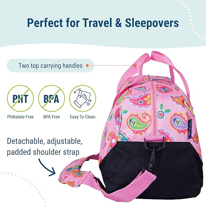 Wildkin Kids Overnighter Duffel Bag – Carry-On Size, Ideal for School & Sleepovers – Paisley