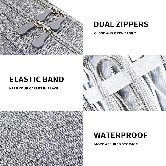 Lanola Travel Cable Organizer Bag, Electronic Accessories Case Portable Double Layer Cable Storage Bag for Cord,phone,Charger, Flash Drive, Phone, SD Card,Personal Items - (Grey)