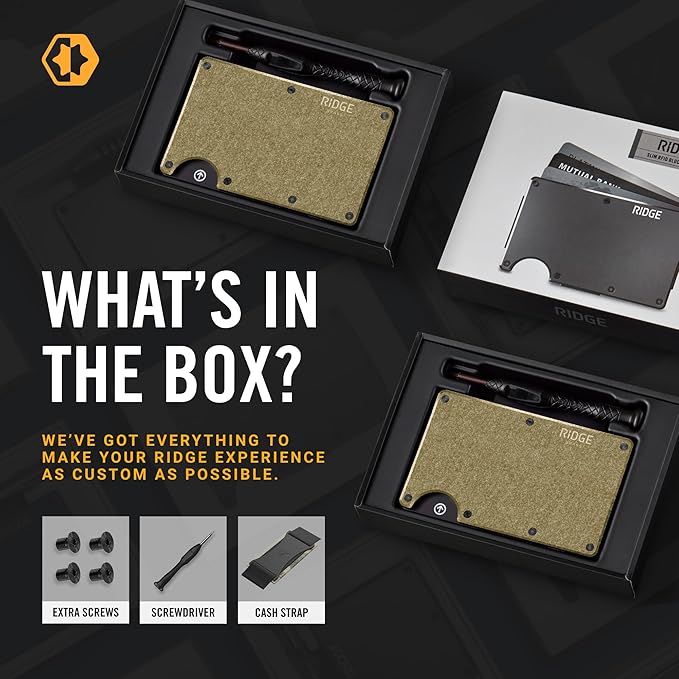 Ridge Wallet for Men - Slim Minimalist Compact Wallet and Card Holder, RFID Protected Front Pocket Wallets for Men with Integrated Cash Strap (Brass)