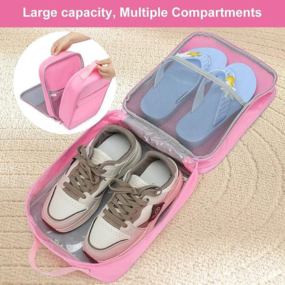 2 Layers Travel Shoe Bag, Portable Shoe Bags Hold 2 Pair Of Shoes, Water-Resistant Shoe Storage Pouch For Travel (Pink, 2 Pack)