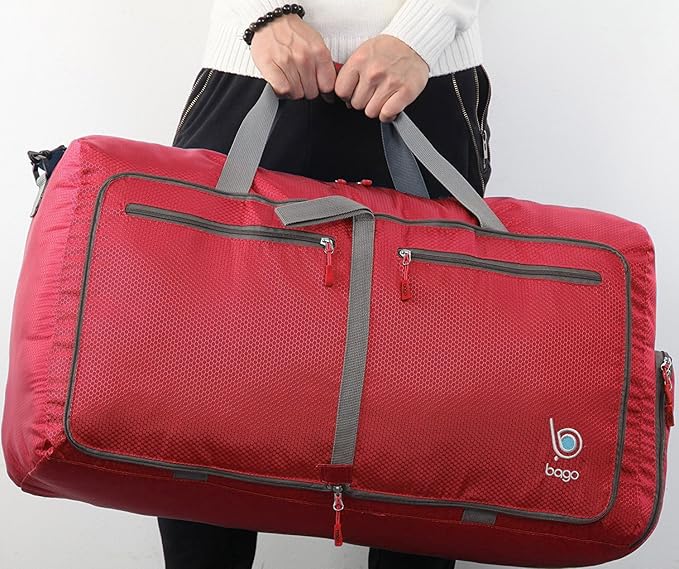 Bago Large Foldable Duffel Bags for Traveling Women & Men - 80L Packable Duffle Bag for Travel with Shoe Compartment - Water Repellant, Heavy Duty, Lightweight Folding & Collapsible (Red)