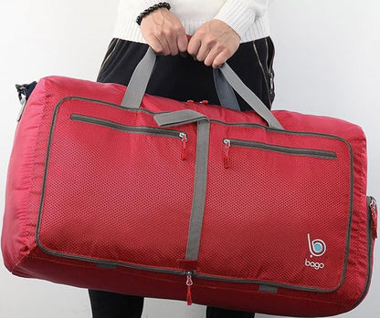 Bago Large Foldable Duffel Bags for Traveling Women & Men - 80L Packable Duffle Bag for Travel with Shoe Compartment - Water Repellant, Heavy Duty, Lightweight Folding & Collapsible (Red)