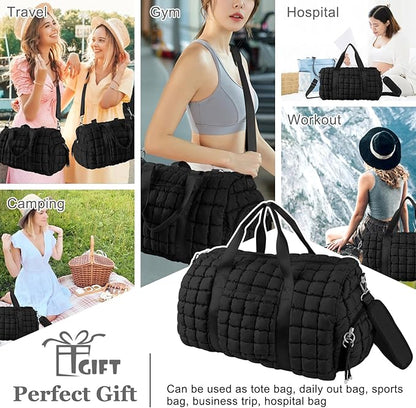 Quilted Travel Duffle Bag Gym Bag for Women,Large Puffer Duffle Weekender Bag with Compartment,Workout Overnight Carry on Organizer Bag Duffle Bag for Airplane Travel(L-Black)