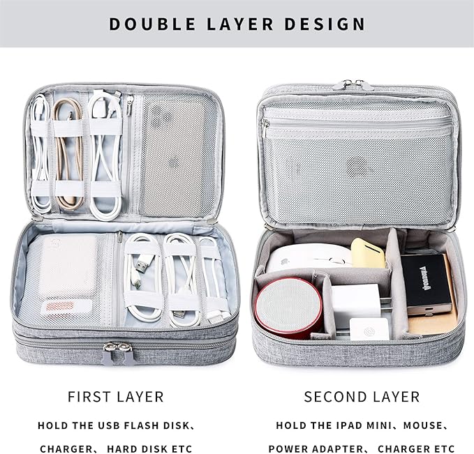 Lanola Travel Cable Organizer Bag, Electronic Accessories Case Portable Double Layer Cable Storage Bag for Cord,phone,Charger, Flash Drive, Phone, SD Card,Personal Items - (Grey)