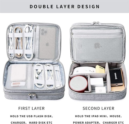 MIRLEWAIY Portable Electronics Accessories Organizer Bag Travel Charger Cable Storage Soft Case Double Layer for Hard Drives, Cord, USB, SD Cards Carrying, Grey