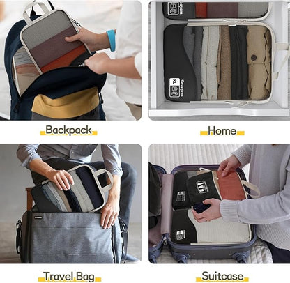 Compression Packing Cubes 8 Set, Dual Zipper Compression Packing Cubes for Travel, See-Through Mesh Packing Bags for Suitcases, packing cubes with shoe bag (Black)