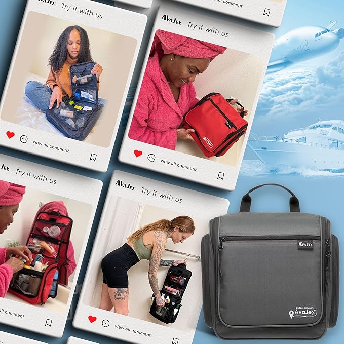 Travel Toiletry Bag for Men and Women - (10.6”x10.6”x3.2”) Large Hanging Toiletry Organizer - Waterproof Hygiene Bag with Metal XXL Swivel Hook, with Sturdy Zippers and 19 Compartments for Toiletries