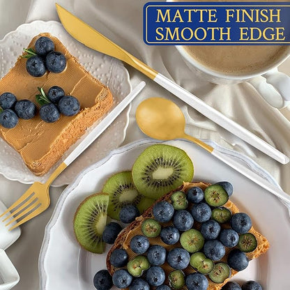 White And Gold Silverware Set for 8, 40-Pieces Matte Gold And White Handle Flatware Set, Stainless Steel Cutlery Tableware set, Kitchen utensils set Include Spoons And Forks Set, Dishwasher Safe