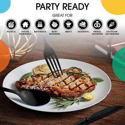 Party Solids Black Plastic Silverware Heavy Duty 150 Pieces Black Disposable Silverware Heavy Duty, Utensil Sets, 50 Of Each Forks, Knives & Spoons Disposable Cutlery Set For Party Supplies