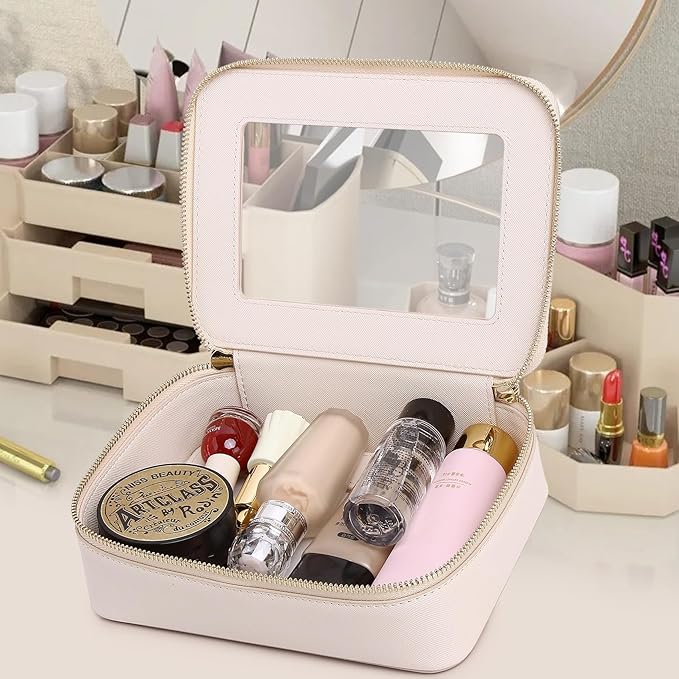 Pinkmik Clear Makeup Bag for Women Waterproof Travel Cosmetics and Toiletries Case Portable Makeup Oaganizer Bag Clear Car Bag with Zipper (Beige, M)