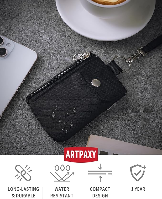 Minimalist Wallet For Mens Womens, Keychain RFID Blocking Zipper Small Wallet with ID Window 2 Lanyards,Water Resistant Travel Cash Card Coin Case Boys Girls