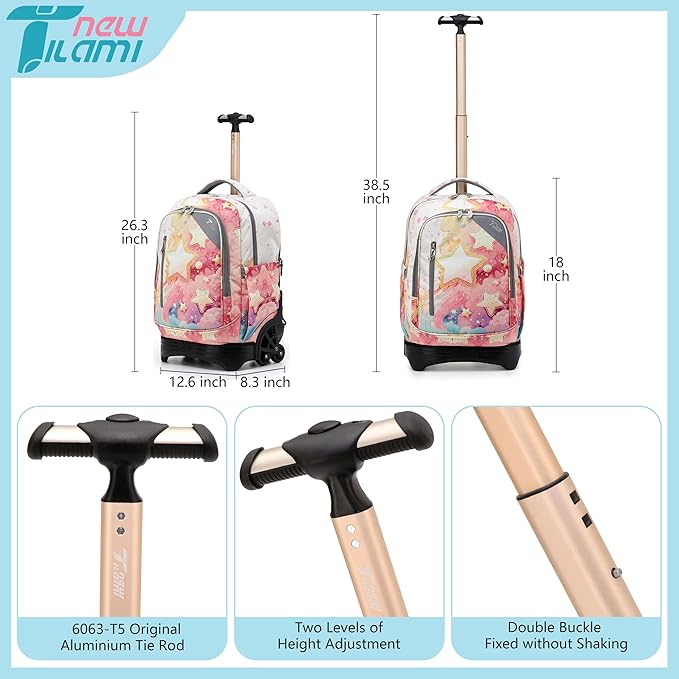 NEW TILAMI 18 Inch Rolling Backpack with Wheels for Girls Boys Kids Laptop Backpack School Travel, Orange Starshine