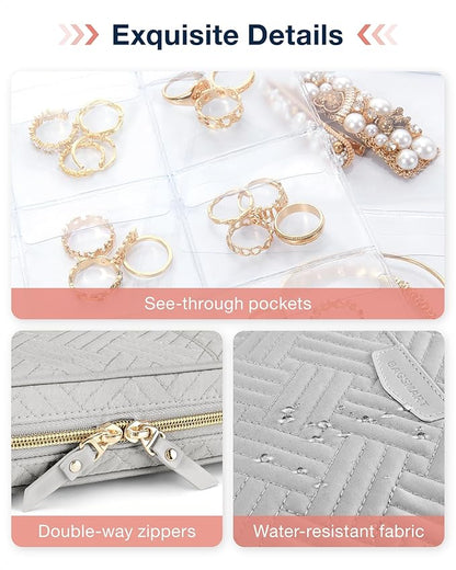 BAGSMART Jewelry Travel Organizer Case for Home Jewelry Organizer Storage Ring Binder Clear Bags Zipper Rolls Pouch for Necklaces, Earrings, Rings, Bracelets, Grey