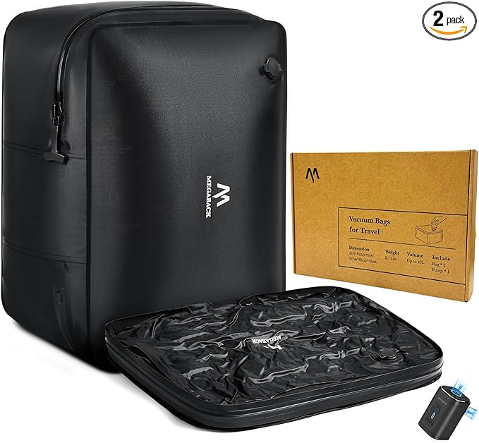 Vacuum Bags for Travel with Pump, Reusable Vacuum Compression Bags for Luggage, IP68 Waterproof, Top-open Design, Fits 20/24/28 Inch Suitcase (2PC+Pump, 43L)