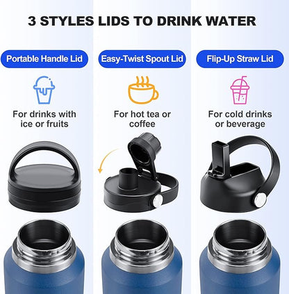 HYDROWION Insulated Water Bottles, Water Bottle fits in Car Cup Holder (Cold 48 hrs, Hot 24 hrs) with Straw Lid, Spout Lid and Flex Cap,T-shpaed Water Bottle Leakproof Travel Thermo Tumbler,Blue&Black