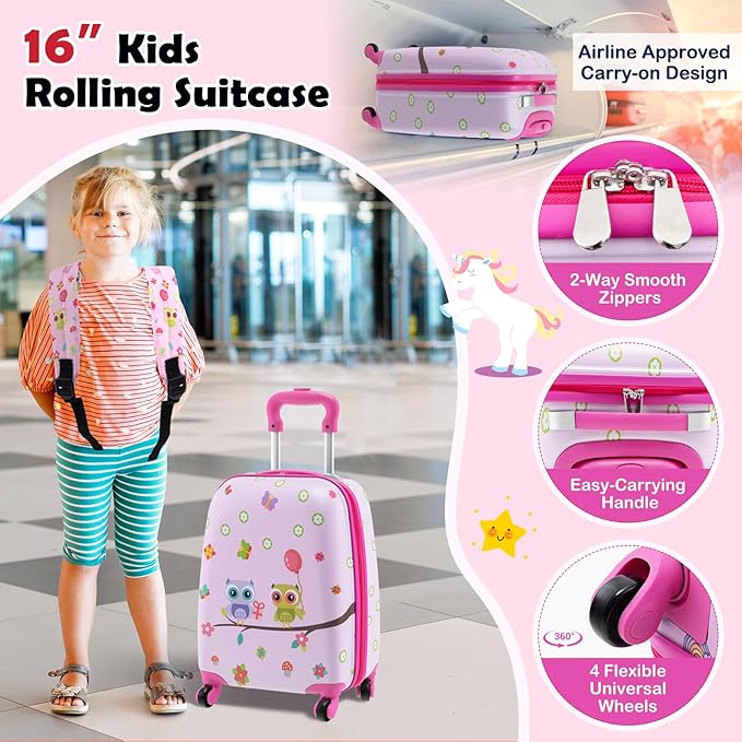 Goplus 5 Piece Kid’s Luggage Set, 16” Carry on Suitcase w/13” Backpack, Neck Pillow, Hardside Spinner Toddler Luggage, Travel Rolling Suitcase for Boys Girls Gifts (Pink, Owl)