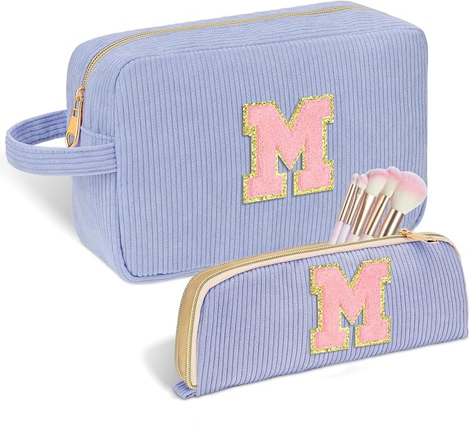 Personalized Initial Makeup Bag Trendy Stuff Corduroy Cosmetic Bag Travel Toiletry Bag, Christmas/Thanksgiving/Halloween Gifts Makeup Organizer Case for Women Girls Mom Girlfriend Wife - Blue