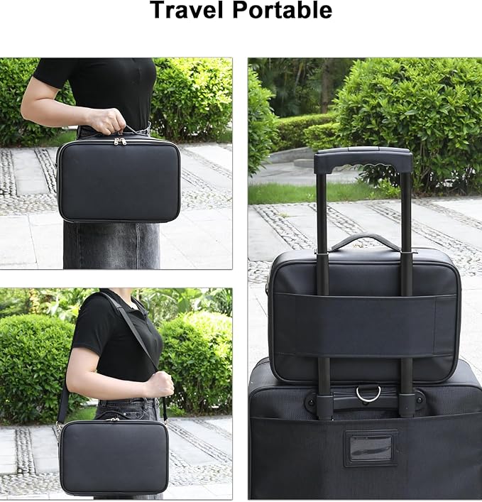 Chomeiu Makeup Bag with LED Mirror, Large Travel Cosmetic Train Case for Women, Makeup Artists Large Organizer Box with Vanity Light Up Mirror, 3 Color Lights, Adjustable Dividers (Black)